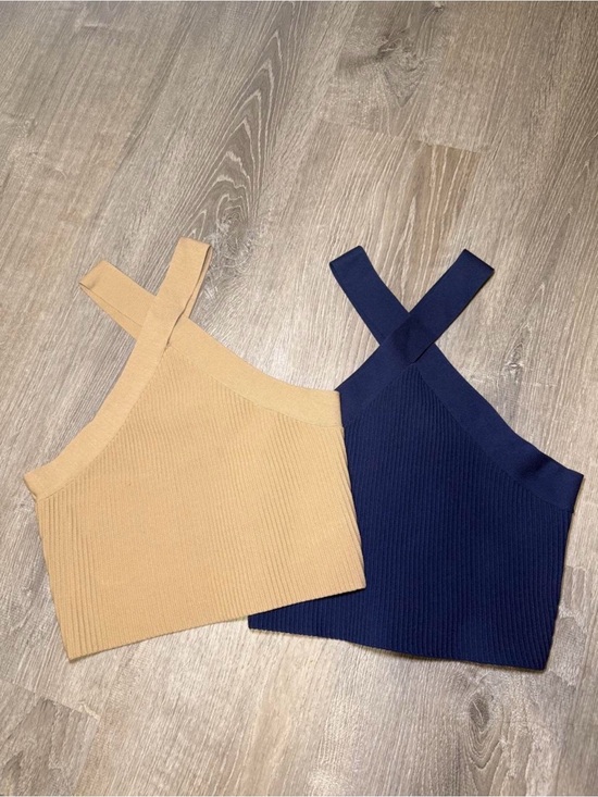 Forever 21 Tops - Forever 21 Ribbed Cross-Strap Crop Top in Beige and Navy